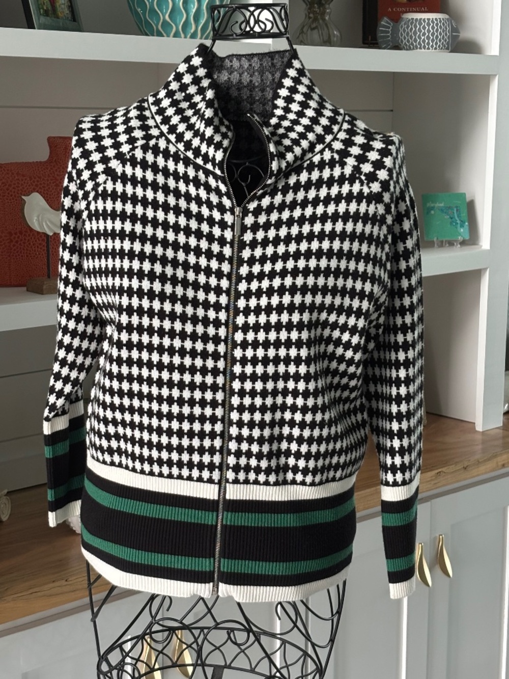 Black & White Houndstooth Green Stripe Zip Up Sweater